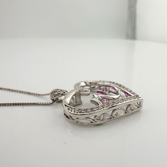 "Mom" Dancing Heart Necklace with Lab Created Pink & White Sapphires - Picture 4 of 9